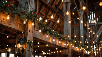 A festive barn wedding venue, with rustic wooden beams adorned with strings of Edison bulbs and...