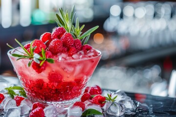 A refreshing glass with raspberries and ice is displayed on a bar