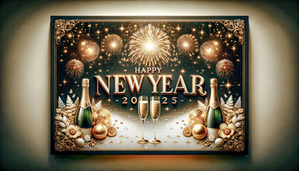 New Year Card for the year 2025 with a Beautiful Background Happy New Year is the center of attention The Ambiance is Emphasized by Golden Fireworks Wallpaper Digital Art
