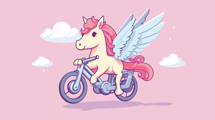 Cartoon unicorn with wings riding bike. Fantasy con