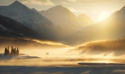 Sunrise on Mountain with Foggy in Medicine Lake at Jasper as Soft Ethereal Dreamy Background Generative AI - obrazy, fototapety, plakaty
