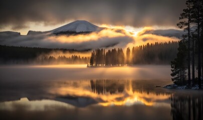 Fototapeta na wymiar Sunrise on Mountain with Foggy in Medicine Lake at Jasper as Soft Ethereal Dreamy Background Generative AI