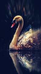 Swan in Glitch Art Style on Dark Background Generative AI