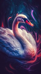 Neon Swan Art - Glowing Bird in Darkness Generative AI