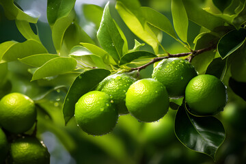 Close up of fresh green lime fruit with water drops growing on tree - obrazy, fototapety, plakaty