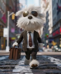 Un emprendedor y estiloso perro recorre las calles de la ciudad, su maletín listo para el próximo gran negocio, exudando un encanto canino que convierte la selva urbana en su zona de juegos.