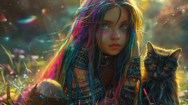 En medio de un paisaje onírico centelleante con polvo cósmico, una niña con cabello vibrante surcado de estrellas se pierde en la mirada de su enigmático amigo felino.