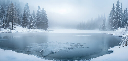 A frozen lake surrounded by snow-covered trees on a foggy morning, capturing the serene and quiet beauty of winter landscapes for a seasonal photography brochure. 32k, full ultra hd, high resolution - obrazy, fototapety, plakaty