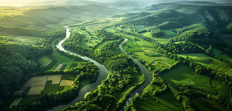 A stunning aerial picture of a verdant valley, bathed in the gentle glow of the summer sun, with patchwork fields, verdant woodlands, and flowing rivers stretching towards the horizon.