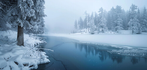 A frozen lake surrounded by snow-covered trees on a foggy morning, capturing the serene and quiet beauty of winter landscapes for a seasonal photography brochure. 32k, full ultra hd, high resolution - Powered by Adobe