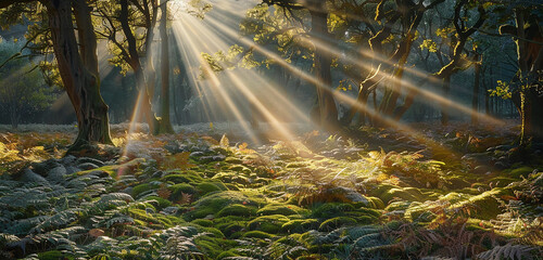The serene charm of a sun-dappled woodland glade, where golden light shafts penetrate the tree canopy to illuminate a carpet of moss and ferns, beckoning onlookers to immerse themselves in the magic  - obrazy, fototapety, plakaty