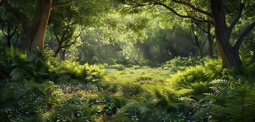 Foto op Plexiglas The serene charm of a sunny forest clearing, where a carpet of ferns and wildflowers is illuminated by dappled sunshine that filters through the tree canopy, beckoning spectators to explore the wonder © Rai