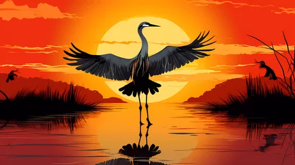 Gordijnen  Heron against sunset background. Illustration © Svetlana