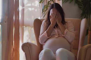 Pregnant woman covering face with hands, expressing stress or anxiety while sitting. Pregnant Woman Feeling Anxious at Home