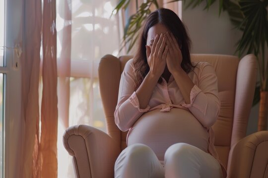 Pregnant woman covering face with hands, expressing stress or anxiety while sitting. Pregnant Woman Feeling Anxious at Home