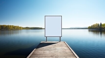 Serene Lakeside Scene with Blank Billboard Generative AI