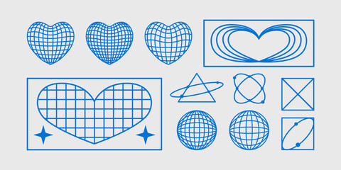 Set of retrofuturism design elements. Vector outline illustration with abstract wireframe heart shapes and geometric symbols