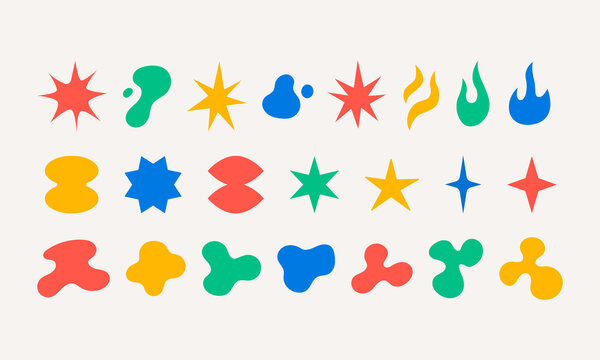 Set of abstract organic and geometric shapes. Vector flat illustration. Colorful icons of shapes and stars
