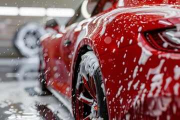 Close-up detail of a vibrant red car covered in soap suds during washing. Detail of Red Car in Soap Suds - obrazy, fototapety, plakaty