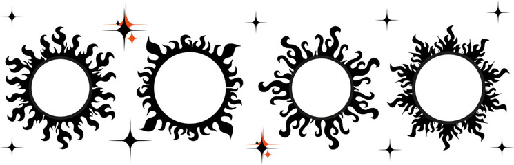 Y2k style flame frame set. Stars, fire, borders. Acid round fantasy border, horror gothic creepy oval. Vector illustration.