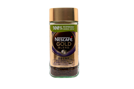 Wolverhampton, UK &ndash; April 11 2024: Jar of Nescafe Gold Blend coffee on a transparent background