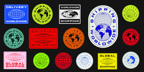 Global Shipping Sticker Sign Vector Design. Worldwide Delivery Patch Icon. World Globe Graphic Element.