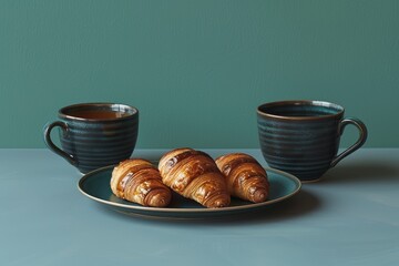 A minimalist setup featuring sumptuous croissants alongside two cups of rich coffee, simple yet elegant.