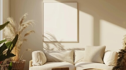 Single vertical ISO A1 frame mockup, reflective glass, mockup poster on the floor of living room. Interior mockup. Apartment background. Modern interior design. 3D render