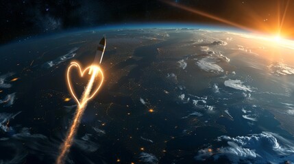 Rocket fly cross object resembling heart. Rocket is seen flying high above the Earth's surface in this unique and intriguing scene. The objects silhouette stands out against the backdrop of the planet