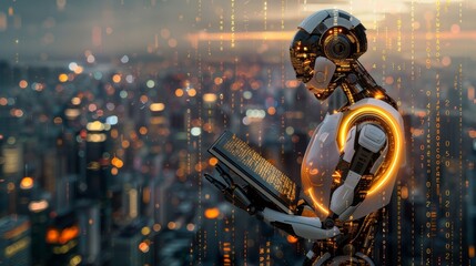 Humanoid ai robot holding a book surrounded by holographic math formulas on blurred background