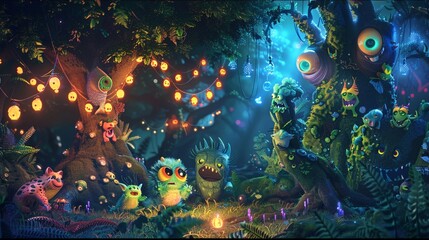 In a whimsical night forest, friendly monsters show children the magic and friendships hidden in the dark, turning fears into wonders. - obrazy, fototapety, plakaty