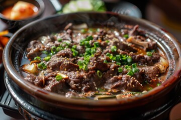 Steaming Korean beef bulgogi dish in a traditional bowl garnished with green onions. Korean Beef...