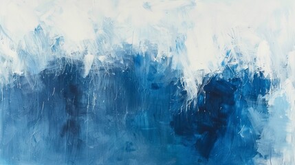 Blue and white acrylic paint creates an abstract and textured composition on canvas. Modern abstract artwork with a minimalist cool-toned color palette. - obrazy, fototapety, plakaty