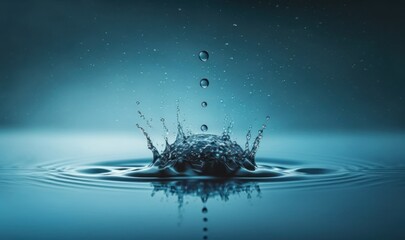 Ethereal Water Droplets Splash on Serene Blue Surface Generative AI - obrazy, fototapety, plakaty