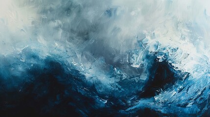 Abstract oceanic waves texture. Acrylic blue and white brush strokes on canvas. Dynamic movement and fluidity concept. Modern art painting. - obrazy, fototapety, plakaty