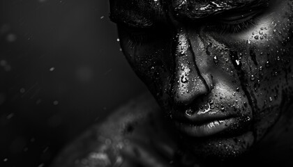 Monochrome photography of a mans face with water drops, in darkness. black background