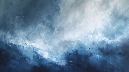 Textured strokes of blue acrylic paint evoke the imagery of a wintery landscape on canvas. Abstract art piece with layered brushwork - obrazy, fototapety, plakaty