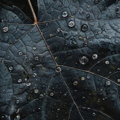 Up close, the raindrops cling to the intricate veins of dark leaves, a natural mosaic of life's simple yet profound beauty Job ID: 7e21aad7-079e-4434-a92c-0f14526e306d