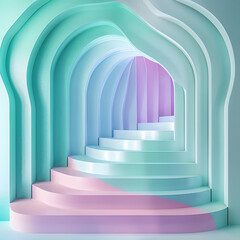 Abstract architecture background with pastel blue , green and pink corridor and stairs.