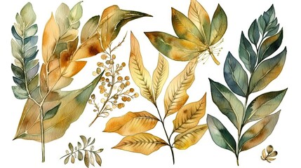 Botanical Watercolor Tropic Composition with Golden Leaves Generative AI - obrazy, fototapety, plakaty