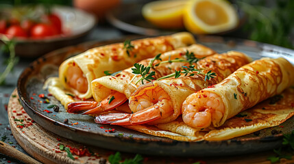 A plate of food with shrimp, tomatoes, and basil. The plate is set on a black table with a variety...