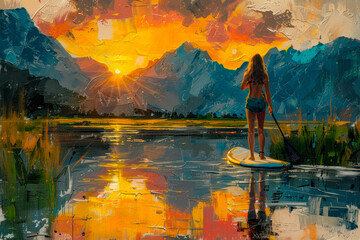 Woman stands on sup paddle board. AI generative