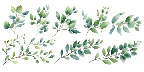 Watercolor Floral Illustration Set - Green Leaf Branches for Wedding Stationery Greetings Generative AI - obrazy, fototapety, plakaty