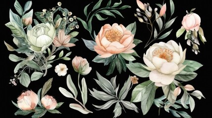 Watercolor Botanical Illustration with Feminine Floral Elements Generative AI