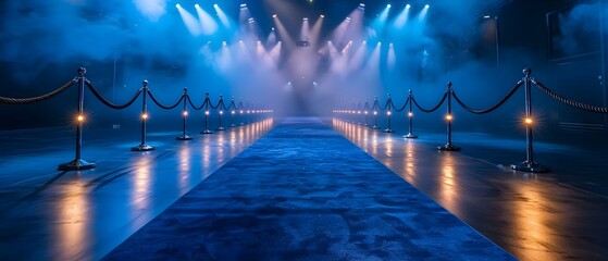 Elegant Blue Carpet Premiere Under Spotlights. Concept Red Carpet Event, Glamorous Attire, Hollywood Stars, Celebrity Photoshoot