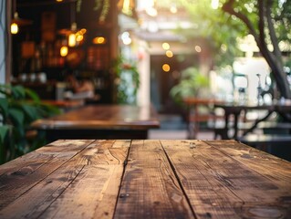 Rustic outdoor café or restaurant with wooden table surrounded by greenery. - obrazy, fototapety, plakaty