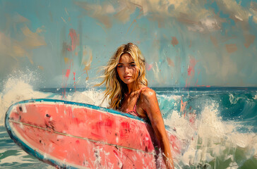 Paint art of woman with sup paddle board. AI generative - 782440741