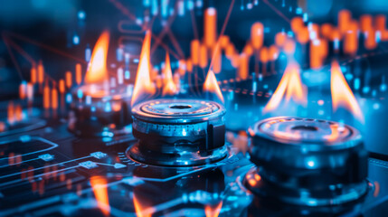 Gas burners with superimposed rising financial graphs, symbolizing the fluctuating energy market costs