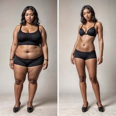 Transformation of a womans face, body, and outfit before and after weight loss, showcasing leaner muscles, slimmer legs, and fitting into smaller clothing
