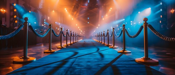 Blue Carpet Grandeur: Spotlight Serenity & Velvet Ropes. Concept Luxury Event Decor, Elegant Arrangements, Festive Lighting - obrazy, fototapety, plakaty